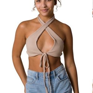 Tiki Girl Boutique Maddy Crossed Crop Top in light mocha size Small NWT